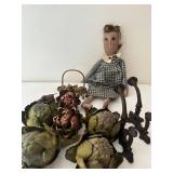 Rustic Vintage Doll, Faux Artichokes, and Cast Iron Brackets Set