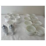 Set of 14 White Cups and Creamers with Salt and Pepper Shakers