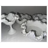 Set of 4 Vintage Milk Glass Ruffled Edge Bowls and Compote Dish