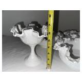 Set of 4 Vintage Milk Glass Ruffled Edge Bowls and Compote Dish