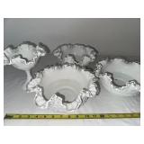 Set of 4 Vintage Milk Glass Ruffled Edge Bowls and Compote Dish