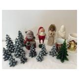 Set of Vintage Christmas Decorations including Santa Figures and Snowy Trees