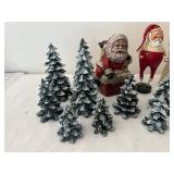 Set of Vintage Christmas Decorations including Santa Figures and Snowy Trees