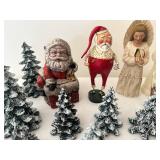 Set of Vintage Christmas Decorations including Santa Figures and Snowy Trees