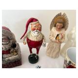 Set of Vintage Christmas Decorations including Santa Figures and Snowy Trees