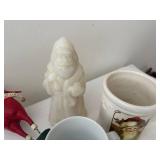 Set of Vintage Christmas Decorations including Santa Figures and Snowy Trees
