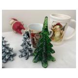 Set of Vintage Christmas Decorations including Santa Figures and Snowy Trees