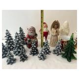 Set of Vintage Christmas Decorations including Santa Figures and Snowy Trees