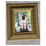 Framed Botero Style Artwork - Woman in Bathroom with Gold Ornate Frame