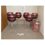 Set of 6 Ruby Red Cut Crystal Wine Glasses