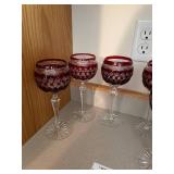 Set of 6 Ruby Red Cut Crystal Wine Glasses