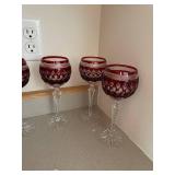 Set of 6 Ruby Red Cut Crystal Wine Glasses