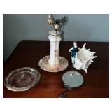 Antique Collection with Porcelain Hatpin RS Holder, Flapper Lady Figurine, and Accessories