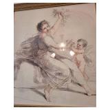 Framed Sketch Art with Winged Cherub Shelf Pair
