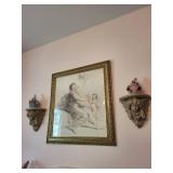 Framed Sketch Art with Winged Cherub Shelf Pair