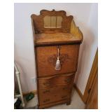 Antique Oak Secretary Desk with Mirror and Decorative Accents