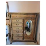 Ornate Wooden Tallboy Dresser with Mirror and Drawers