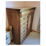 Ornate Wooden Tallboy Dresser with Mirror and Drawers