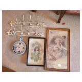 Vintage Wall Decor Collection: Antique Advertisement, Valentine Shadowbox, Posters, Clock, and Coat Rack