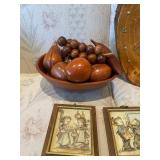 Vintage Decor and Collectibles Set - Shelf, Bowl with Wooden Fruit, Wall Clock, Wall Plaques, and Violin Decor