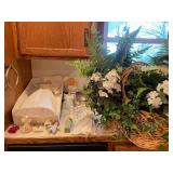 Collection of Ceramic and Cloth Angel Figurines and Artificial Flower Basket