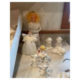 Collection of Ceramic and Cloth Angel Figurines and Artificial Flower Basket