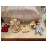 Collection of Ceramic and Cloth Angel Figurines and Artificial Flower Basket