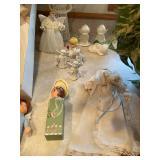 Collection of Ceramic and Cloth Angel Figurines and Artificial Flower Basket