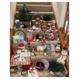 Large Collection of Christmas Decorations Including Snowman Figures and Tree Ornaments