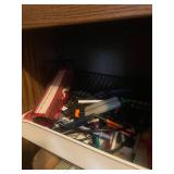 Assorted Household Essentials and Storage Cabinet