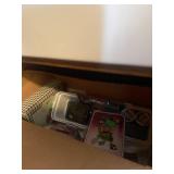 Assorted Household Essentials and Storage Cabinet