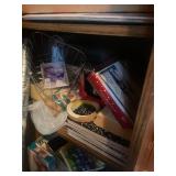 Assorted Household Essentials and Storage Cabinet