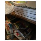 Assorted Household Essentials and Storage Cabinet