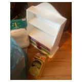 Assorted Household Essentials and Storage Cabinet