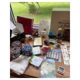 Variety Collection of Decorative Figurines, Crochet Items, and Crafts