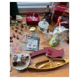 Variety Collection of Decorative Figurines, Crochet Items, and Crafts