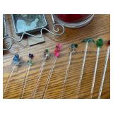 Collection of Glass Stir Sticks, Wine Charms, and Frames