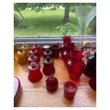 Collection of Vintage Glass Decanters, Vases, and Red Glassware