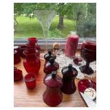 Collection of Vintage Glass Decanters, Vases, and Red Glassware