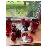Collection of Vintage Glass Decanters, Vases, and Red Glassware