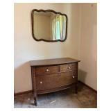 Matching Antique Bow Front 3 Drawer Dresser, Mirror, & Contents