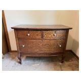 Matching Antique Bow Front 3 Drawer Dresser, Mirror, & Contents