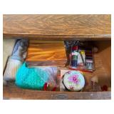 Matching Antique Bow Front 3 Drawer Dresser, Mirror, & Contents