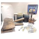 Lot of Antique Wool Cards, Bookend Mugs, Flying Pig, Cintron Pins