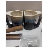 Lot of Antique Wool Cards, Bookend Mugs, Flying Pig, Cintron Pins