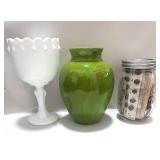 Vintage Ceramic Green Vase, Milk glass Goblet and Jar of Buttons