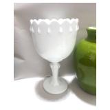 Vintage Ceramic Green Vase, Milk glass Goblet and Jar of Buttons