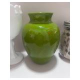 Vintage Ceramic Green Vase, Milk glass Goblet and Jar of Buttons