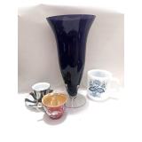 Purple Art Glass Vase, Occupied Japan Cup, Demitasse Cup and Saucer and Glasbake Mug