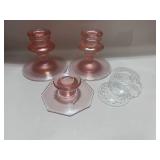 Three Pink Fenton Candle Holders and Three Wax Catchers